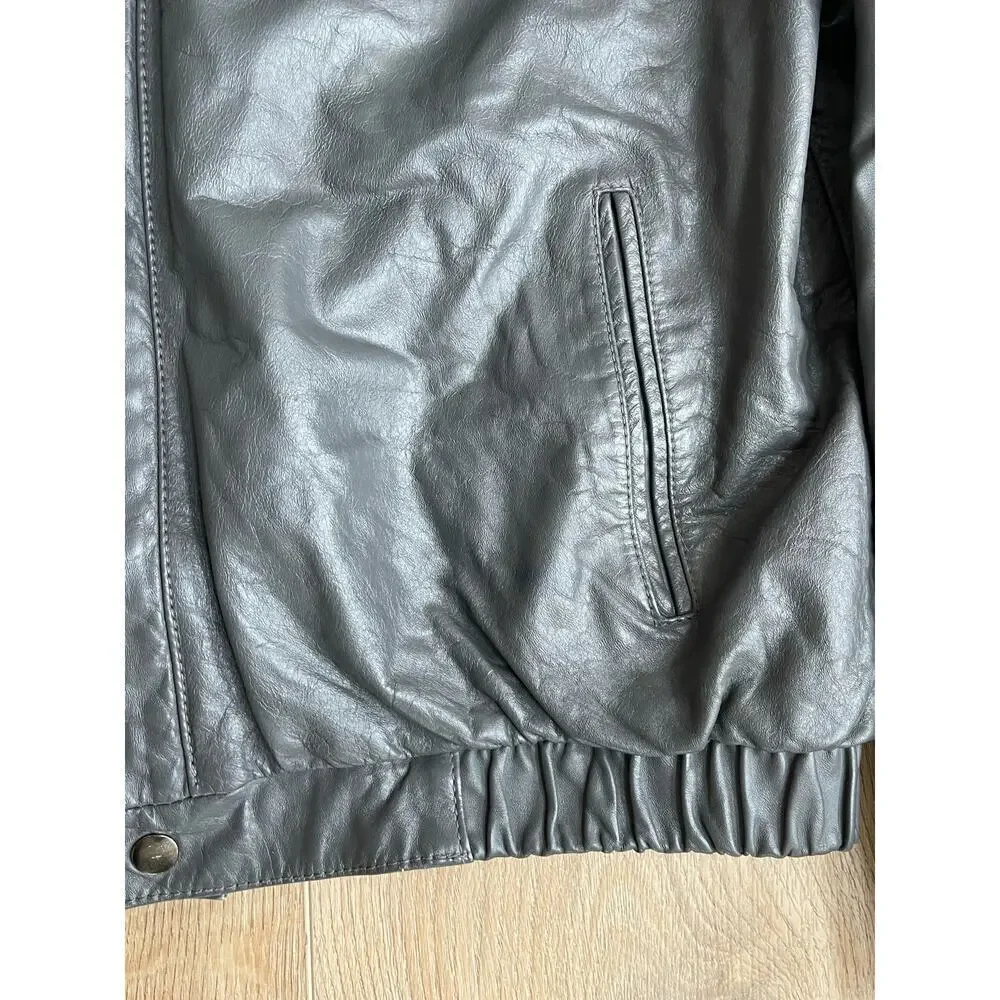 Vintage 80s 90s Men's Moto Leather Jacket Full Zip Hidden Hood No Tag - FLAW